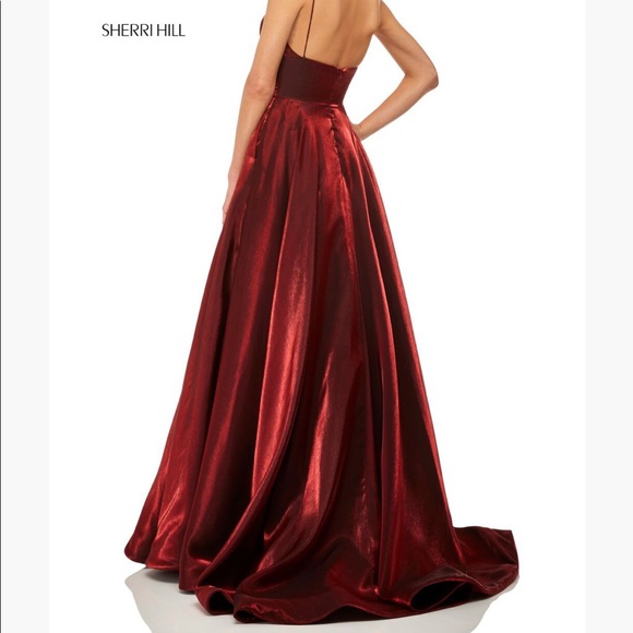 Sherri Hill satin dress V neck  spaghetti straps wine red sz 0 - Picture 5 of 13